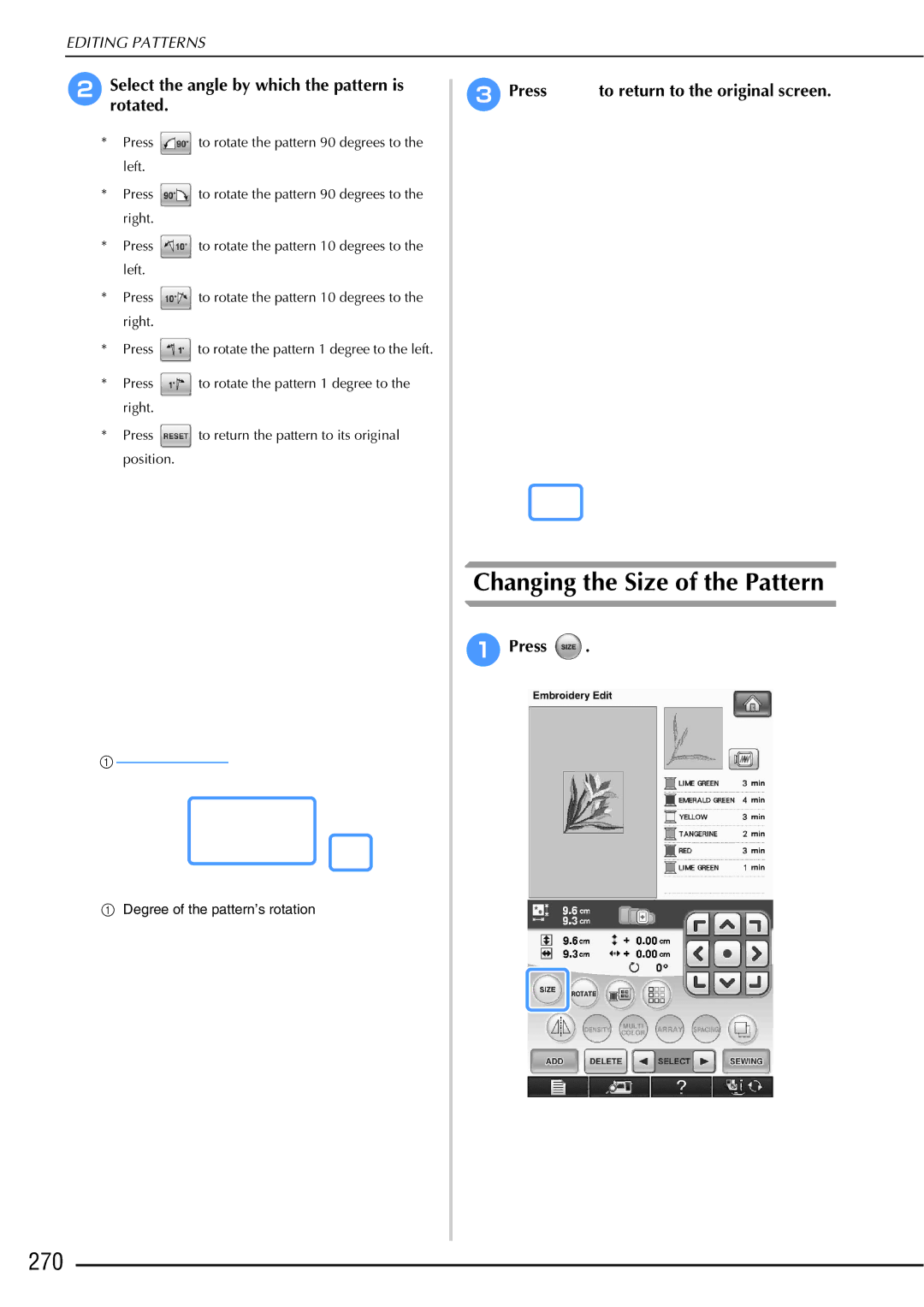 Brother 882-W01, 882-W02 operation manual Changing the Size of the Pattern, 270 