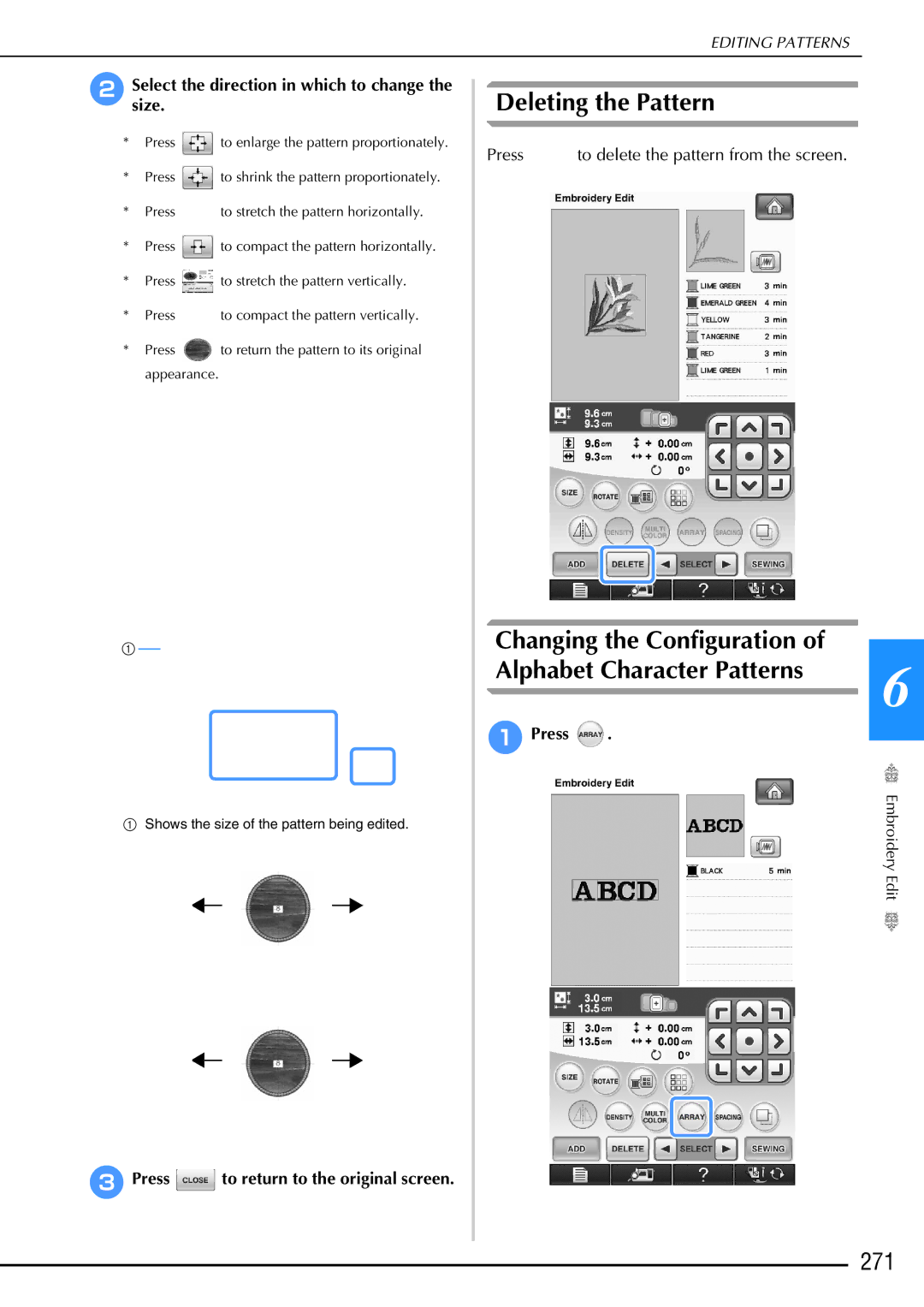 Brother 882-W02, 882-W01 operation manual Deleting the Pattern, Changing the Configuration Alphabet Character Patterns, 271 