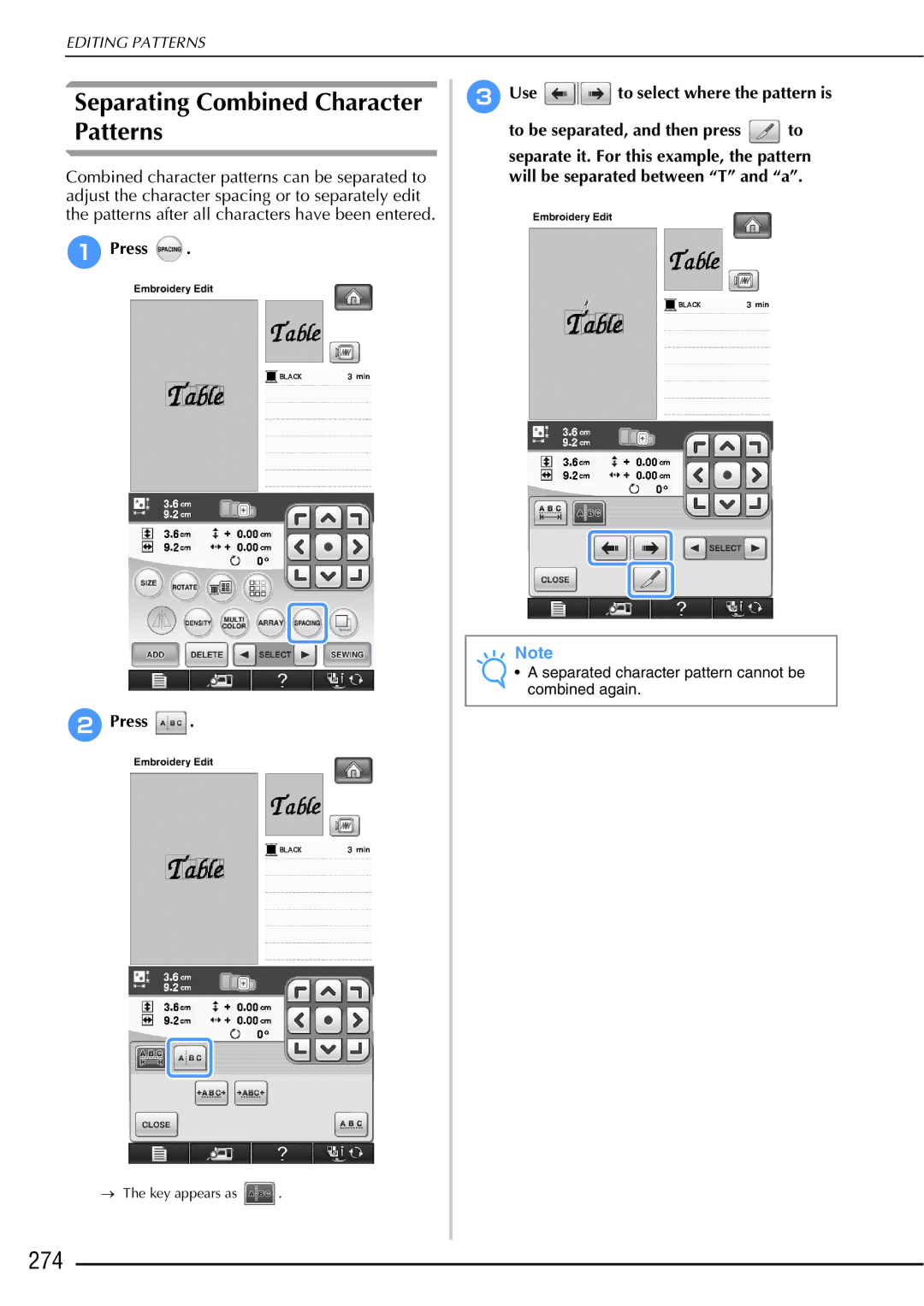 Brother 882-W01, 882-W02 Separating Combined Character Patterns, 274, APress BPress, Use to select where the pattern is 