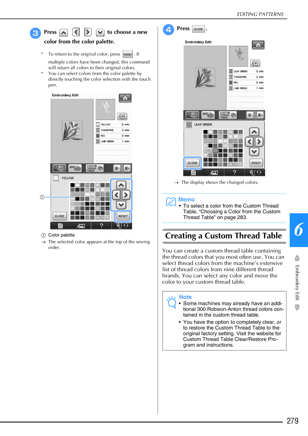 Brother 882-W02, 882-W01 Creating a Custom Thread Table, 279, CPress to choose a new color from the color palette 