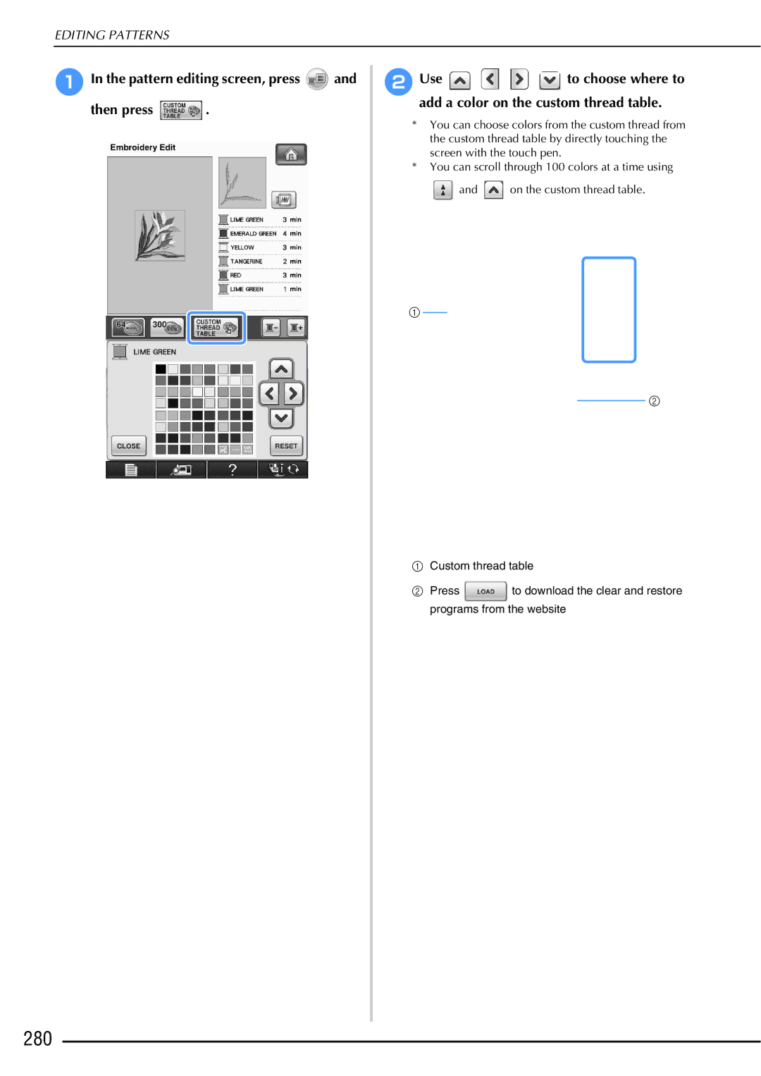 Brother 882-W01, 882-W02 operation manual 280, Add a color on the custom thread table 