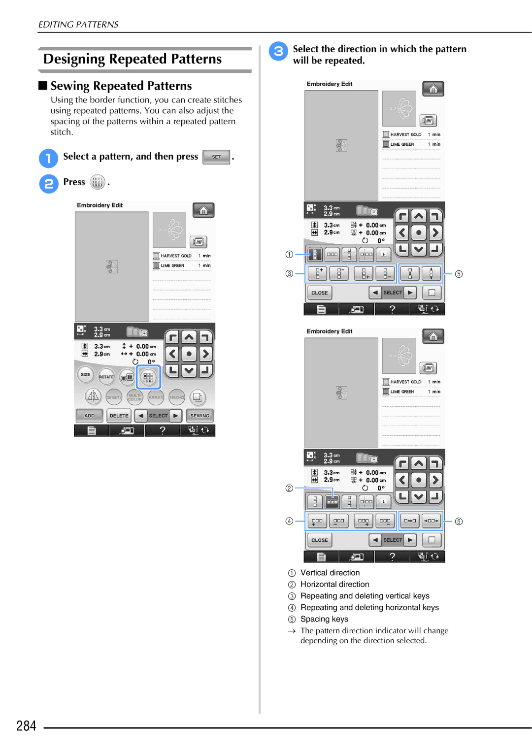 Brother 882-W01, 882-W02 operation manual Designing Repeated Patterns, 284, Sewing Repeated Patterns 