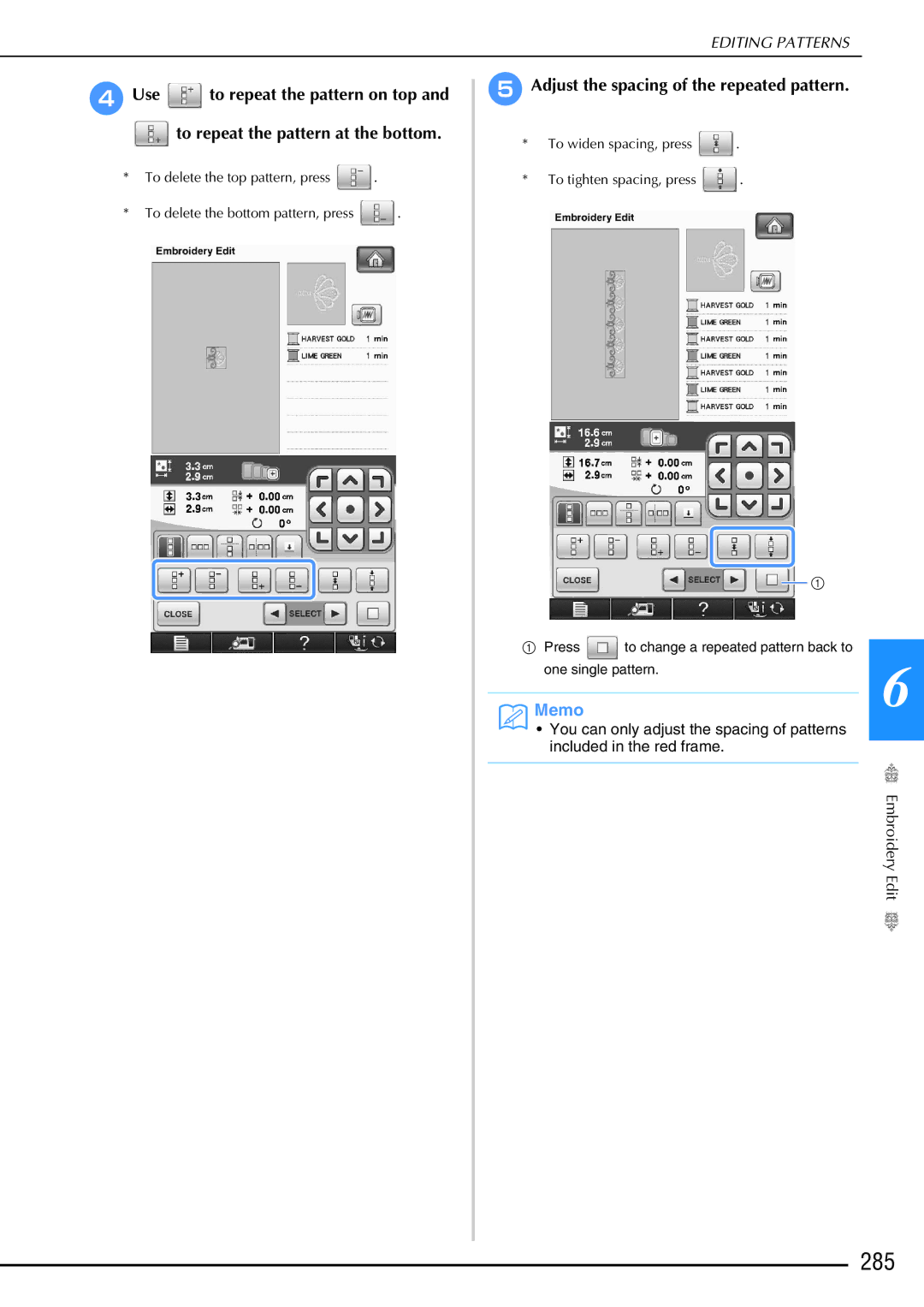 Brother 882-W02, 882-W01 operation manual 285, Adjust the spacing of the repeated pattern 