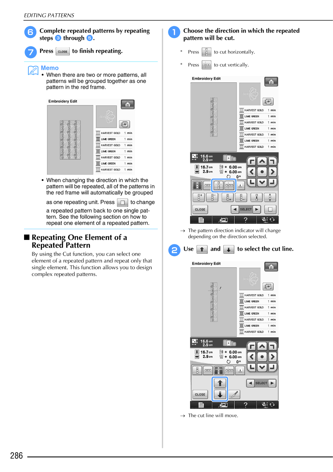 Brother 882-W01, 882-W02 operation manual 286, Repeating One Element of a Repeated Pattern, BUse and to select the cut line 