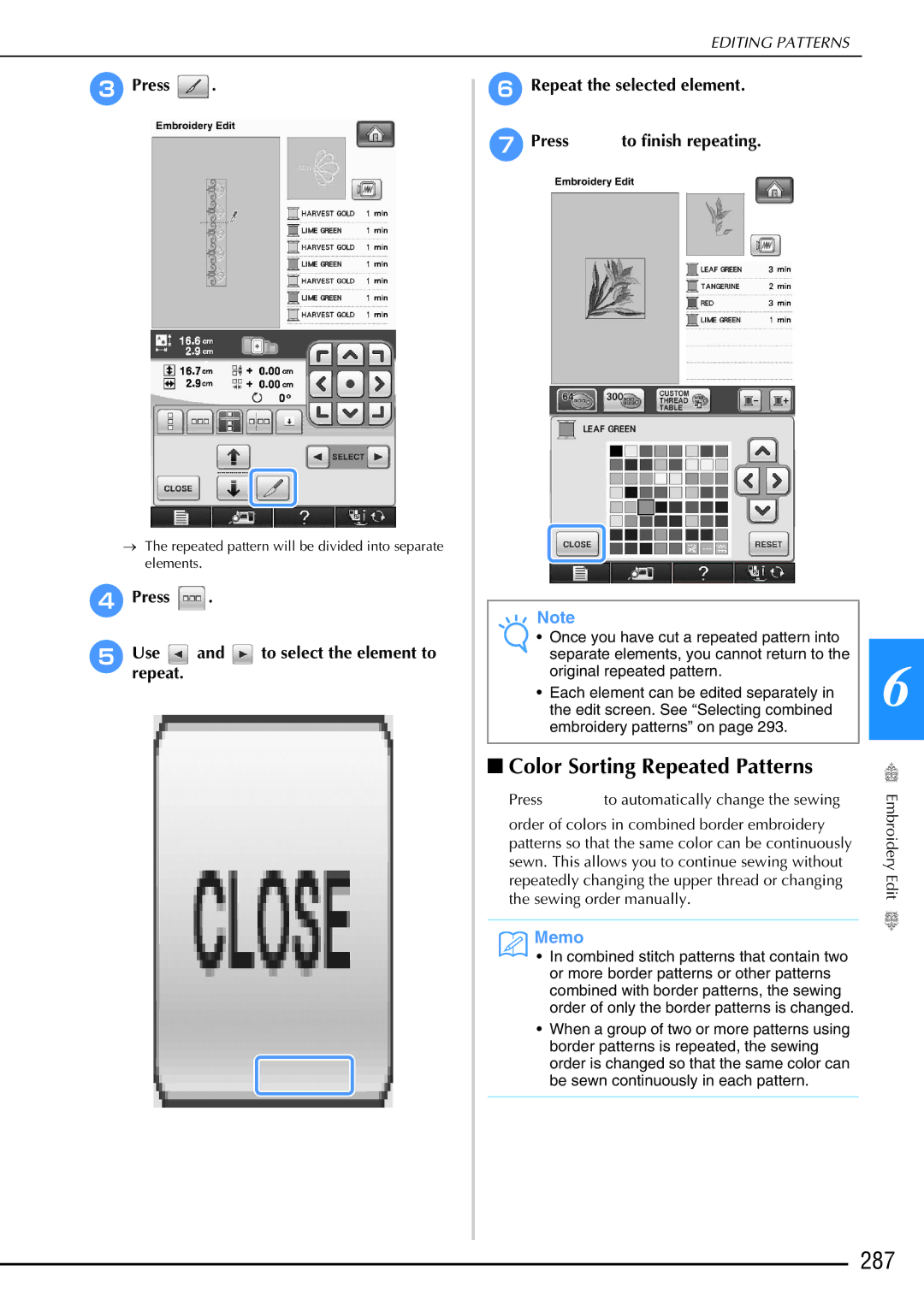 Brother 882-W02, 882-W01 operation manual 287, Color Sorting Repeated Patterns 