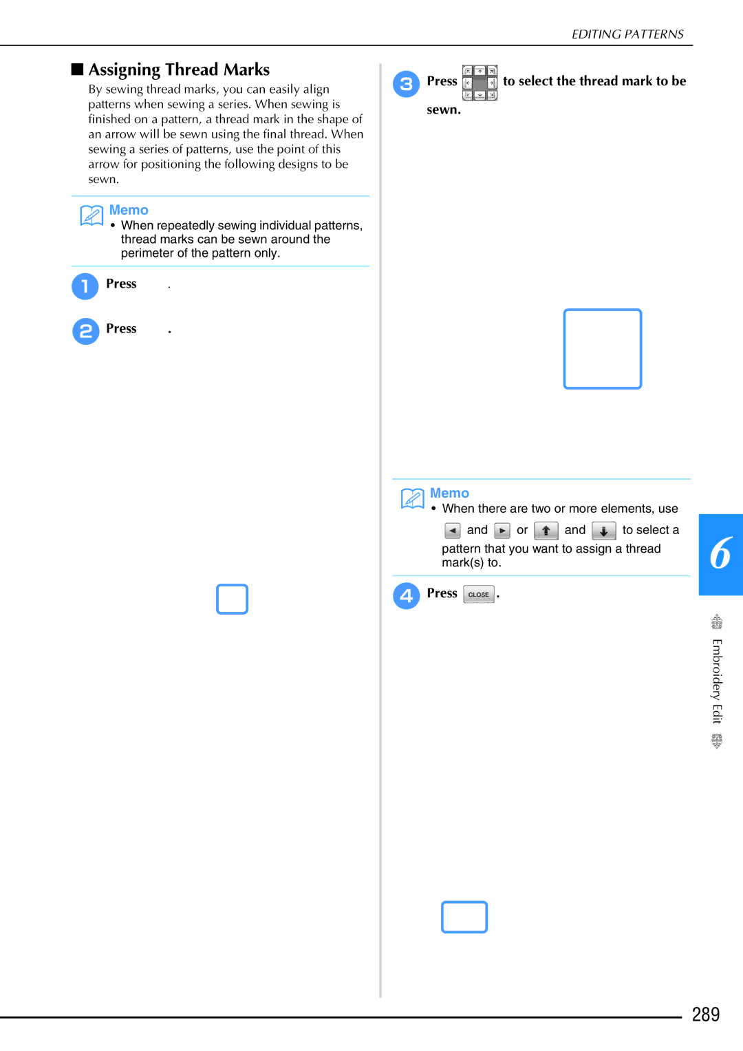 Brother 882-W02, 882-W01 operation manual 289, Assigning Thread Marks, APress BPress CPress, Sewn 