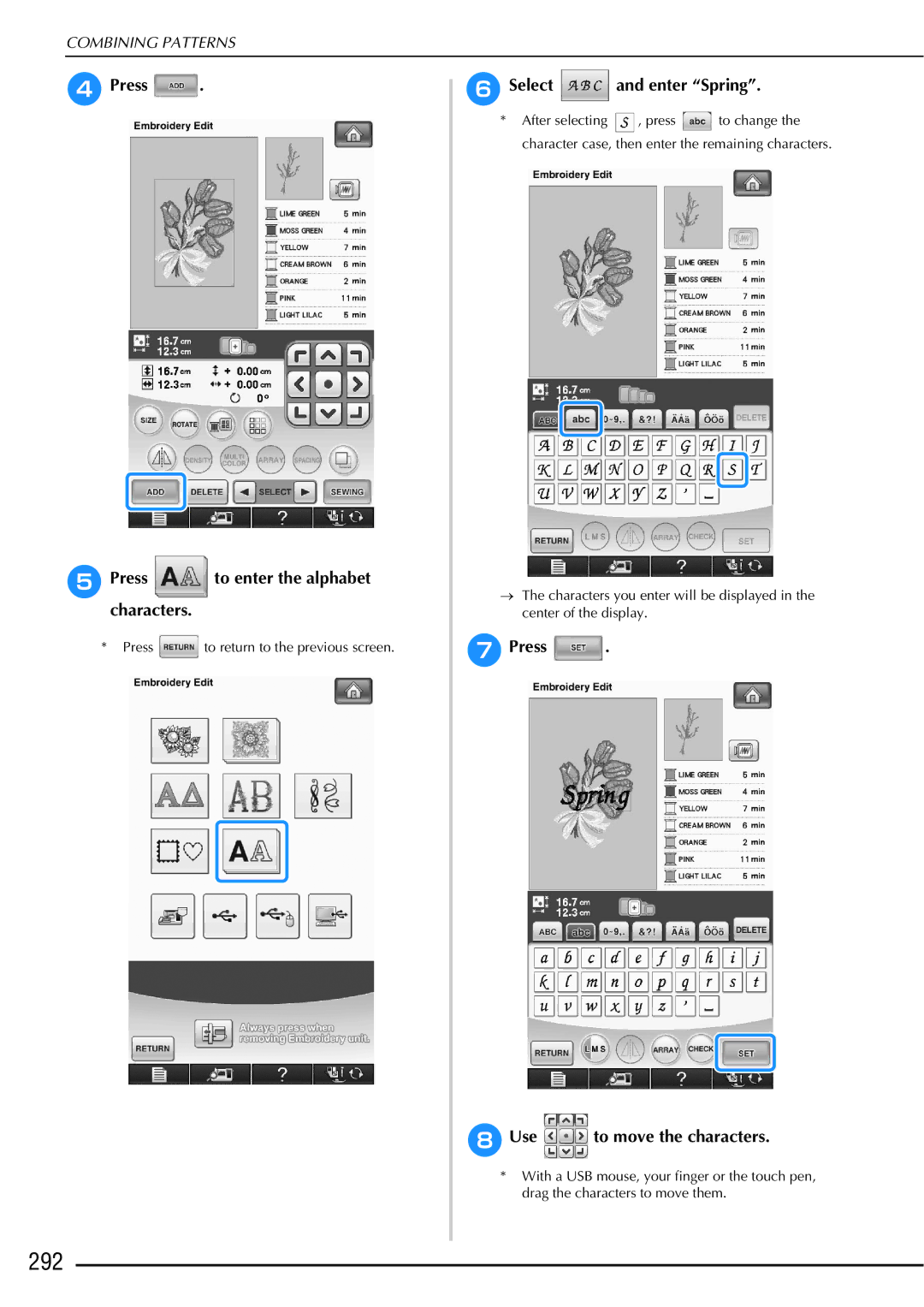 Brother 882-W01, 882-W02 operation manual 292, Press Press to enter the alphabet characters, FSelect and enter Spring 