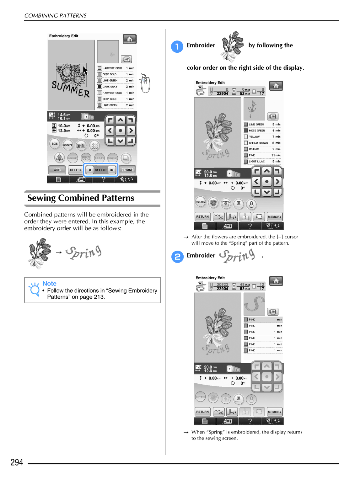 Brother 882-W01, 882-W02 Sewing Combined Patterns, 294, Color order on the right side of the display, BEmbroider 