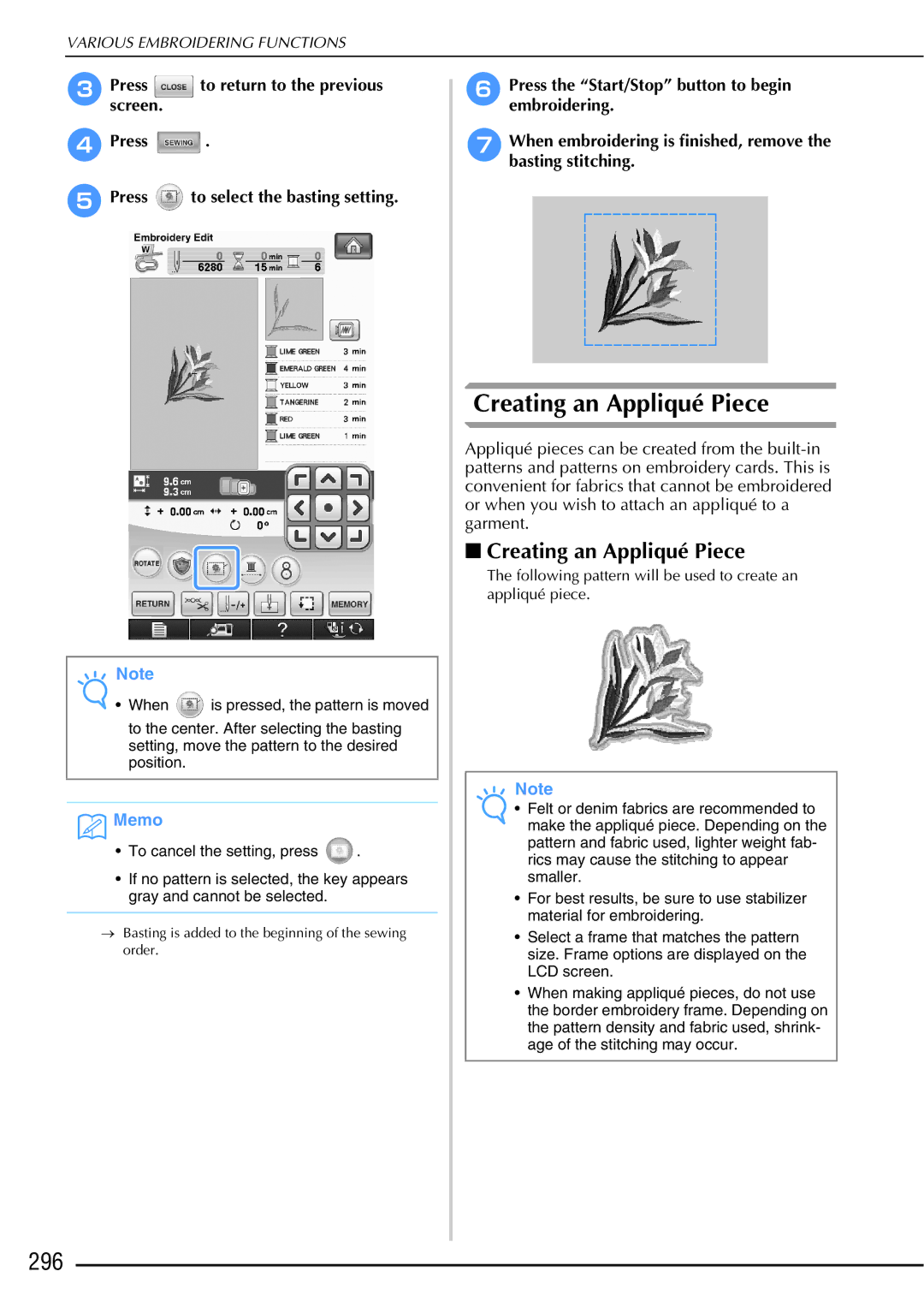 Brother 882-W01, 882-W02 Creating an Appliqué Piece, 296, Screen DPress EPress to select the basting setting 