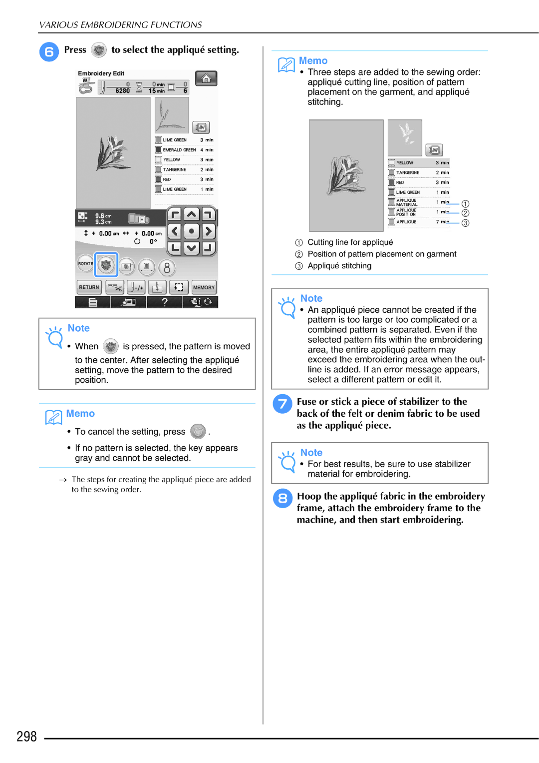 Brother 882-W01, 882-W02 operation manual 298, FPress to select the appliqué setting 