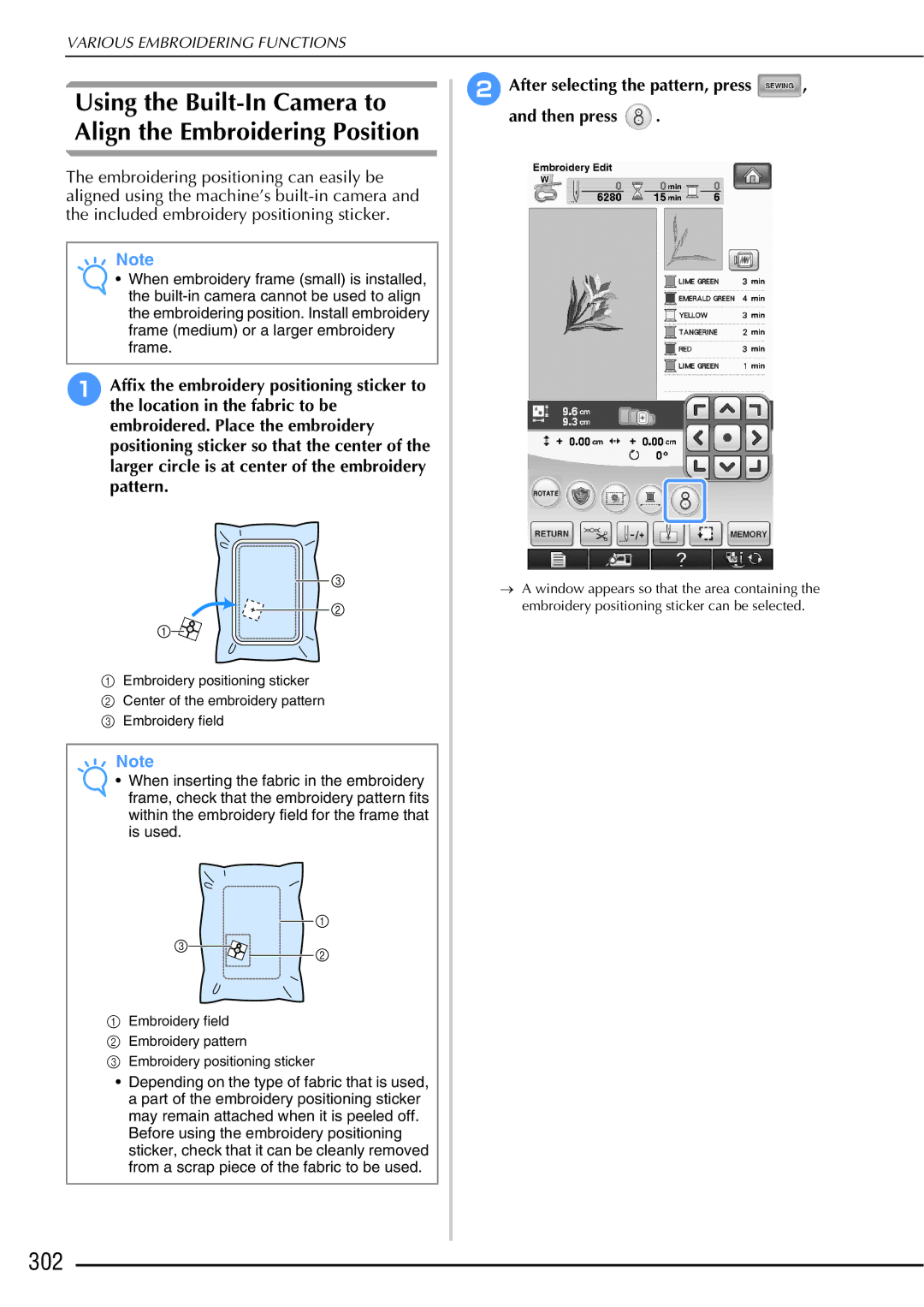 Brother 882-W01, 882-W02 operation manual 302, After selecting the pattern, press Then press 