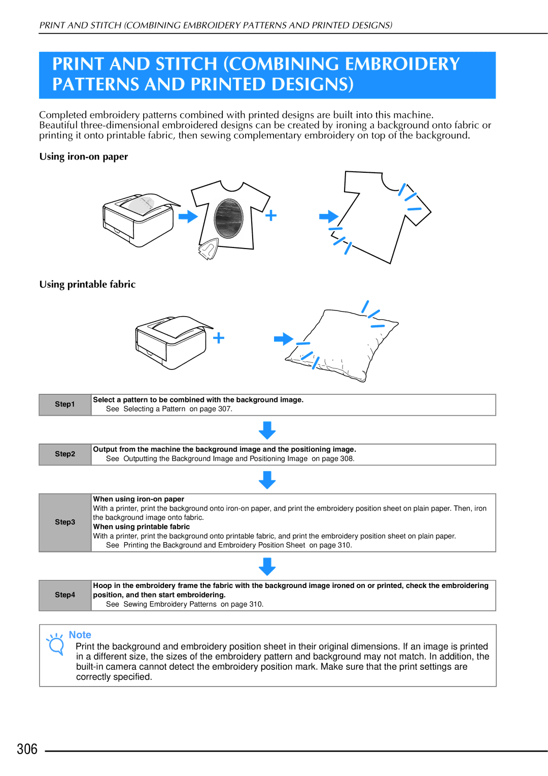 Brother 882-W01, 882-W02 operation manual 306, Using iron-on paper Using printable fabric 