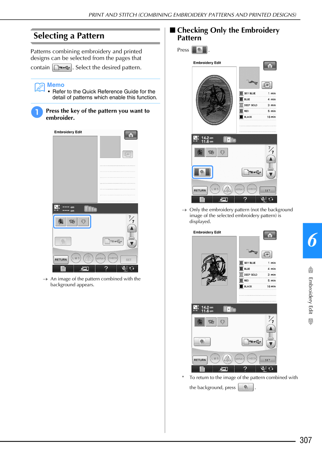 Brother 882-W02, 882-W01 operation manual Selecting a Pattern, 307 