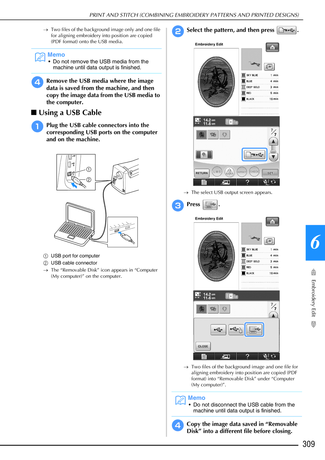 Brother 882-W02, 882-W01 operation manual 309, Using a USB Cable 