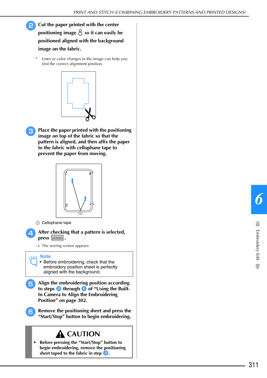 Brother 882-W02, 882-W01 operation manual 311, Positioned aligned with the background image on the fabric 