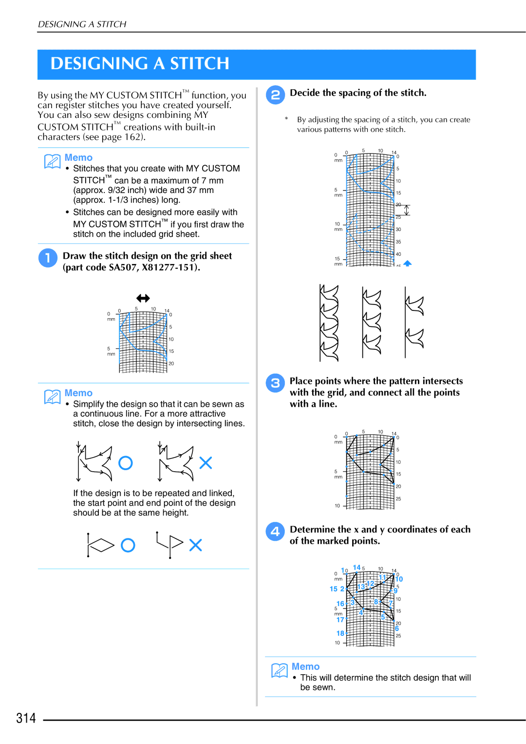 Brother 882-W01, 882-W02 operation manual Designing a Stitch, 314, Draw the stitch design on the grid sheet part code SA507 