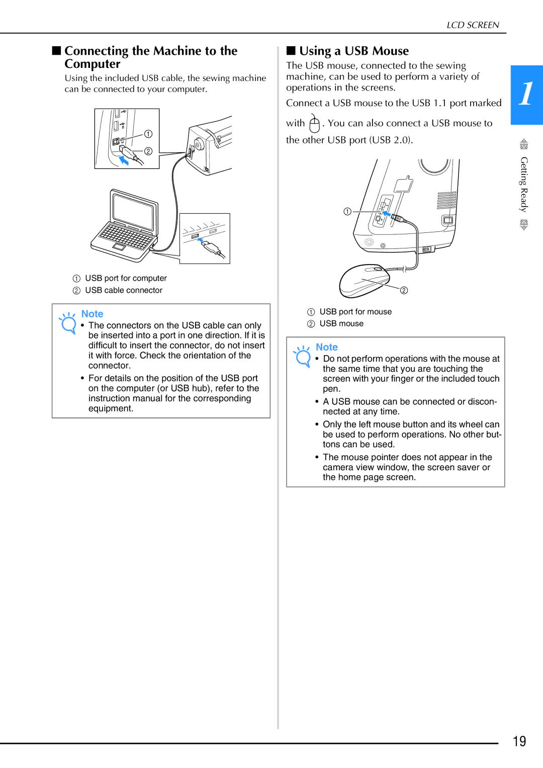 Brother 882-W02, 882-W01 operation manual Connecting the Machine to the Computer, Using a USB Mouse 