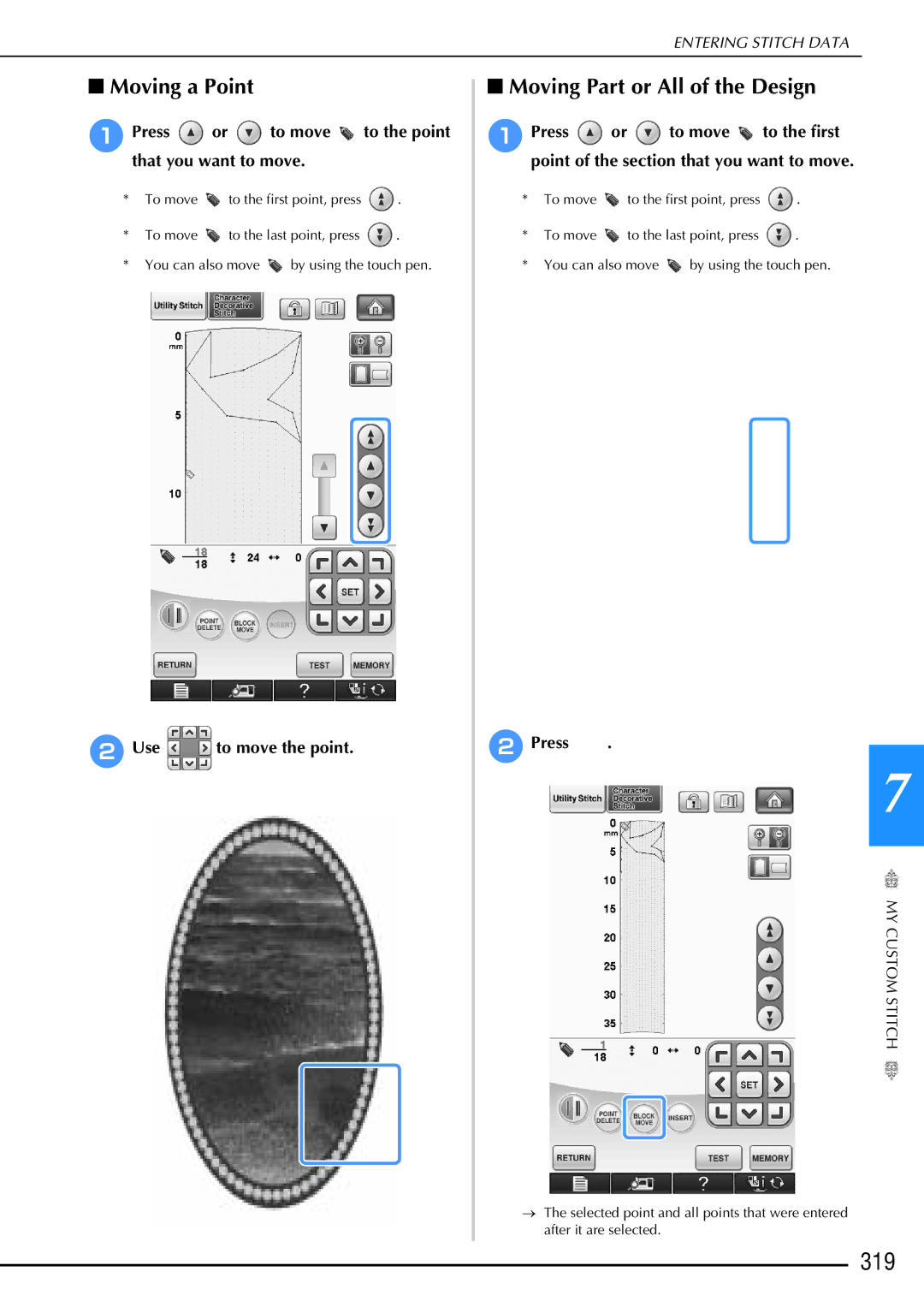 Brother 882-W02, 882-W01 operation manual 319, Moving a Point, Moving Part or All of the Design 