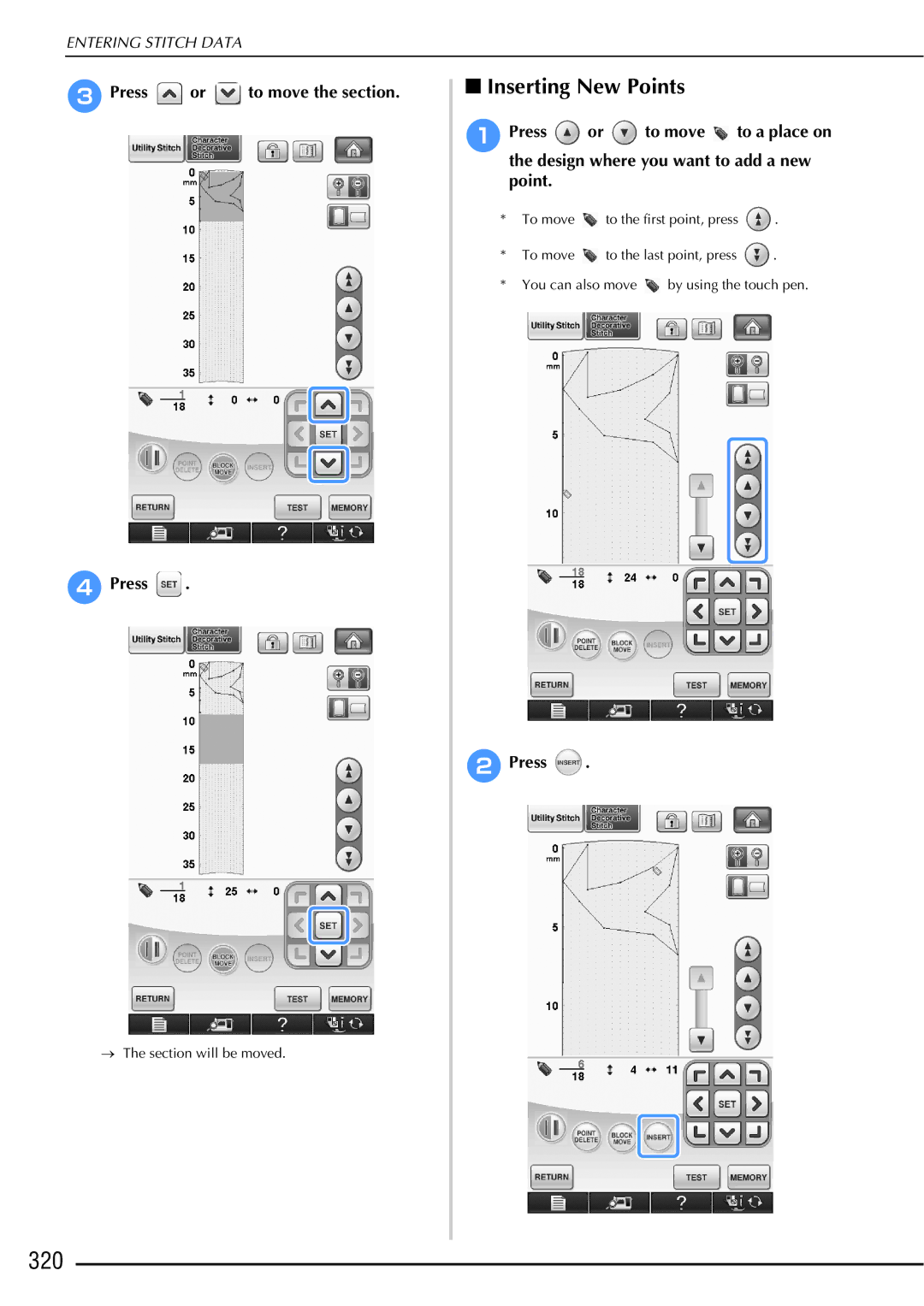 Brother 882-W01, 882-W02 operation manual 320, Inserting New Points, CPress or to move the section 