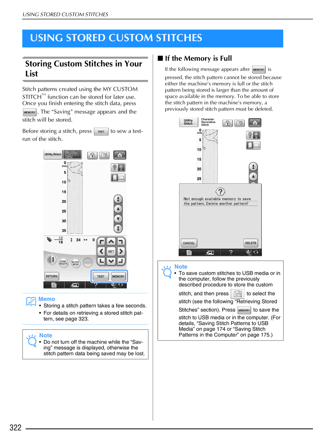 Brother 882-W01, 882-W02 operation manual Using Stored Custom Stitches, Storing Custom Stitches in Your List, 322 