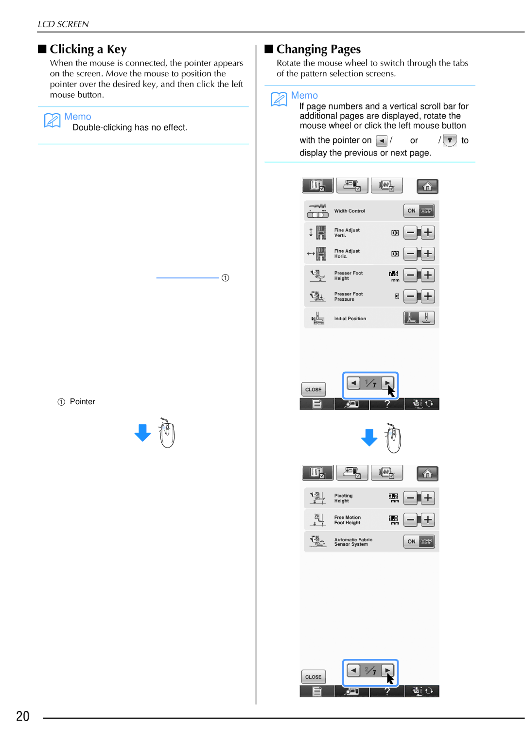 Brother 882-W01, 882-W02 operation manual Clicking a Key, Changing Pages 