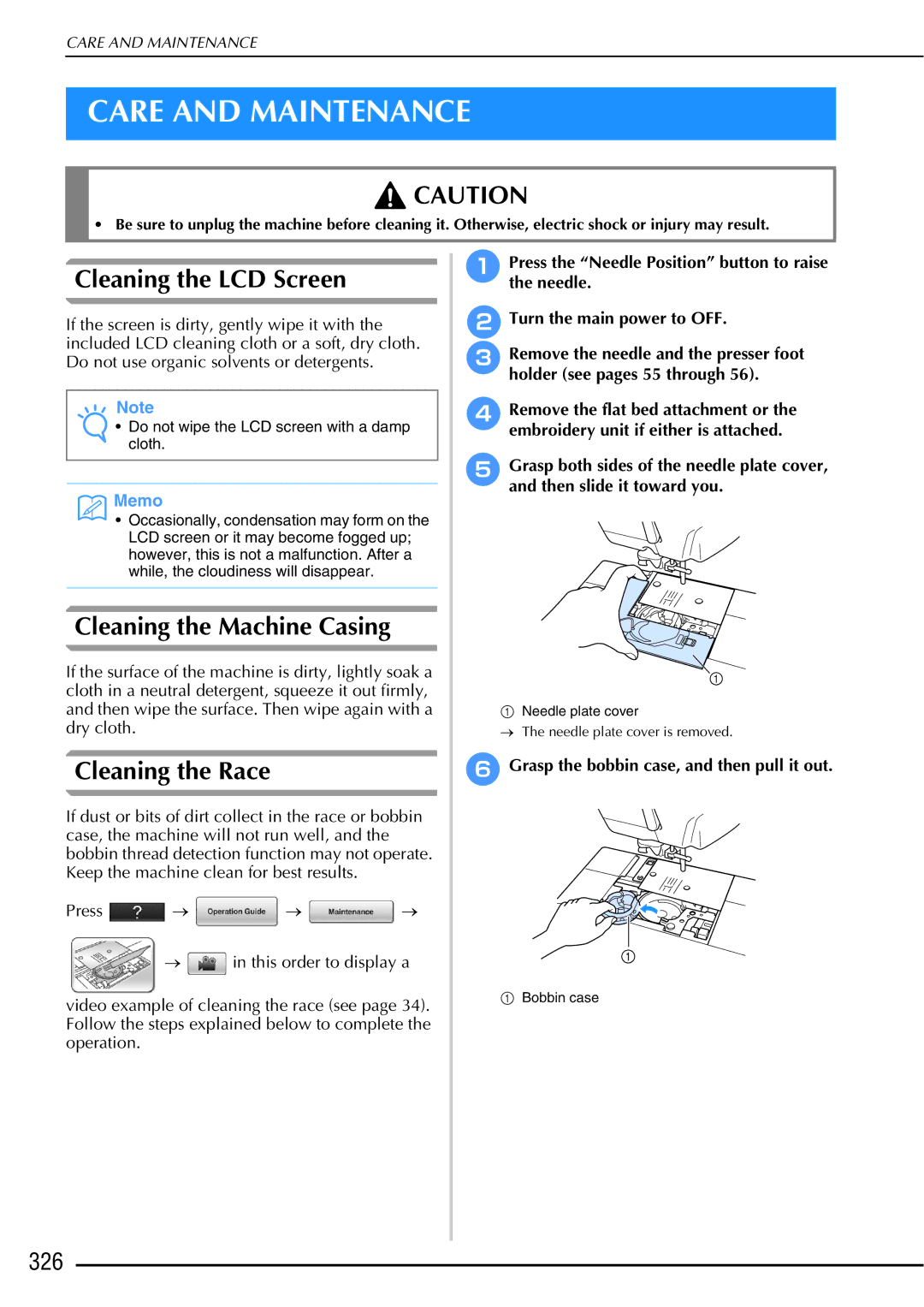 Brother 882-W01 Care and Maintenance, Cleaning the LCD Screen, Cleaning the Machine Casing, Cleaning the Race, 326 