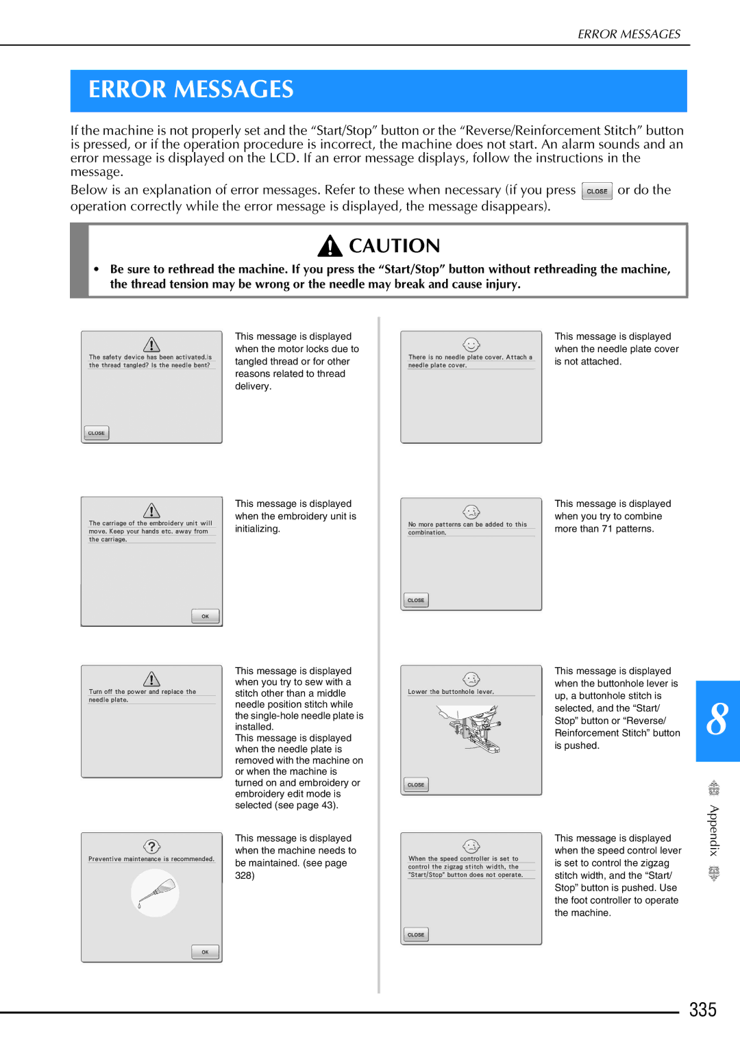 Brother 882-W02, 882-W01 operation manual Error Messages, 335 