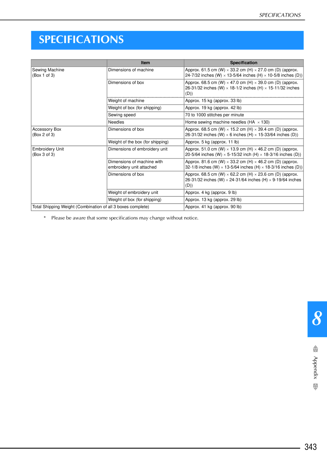 Brother 882-W02, 882-W01 operation manual Specifications, 343 