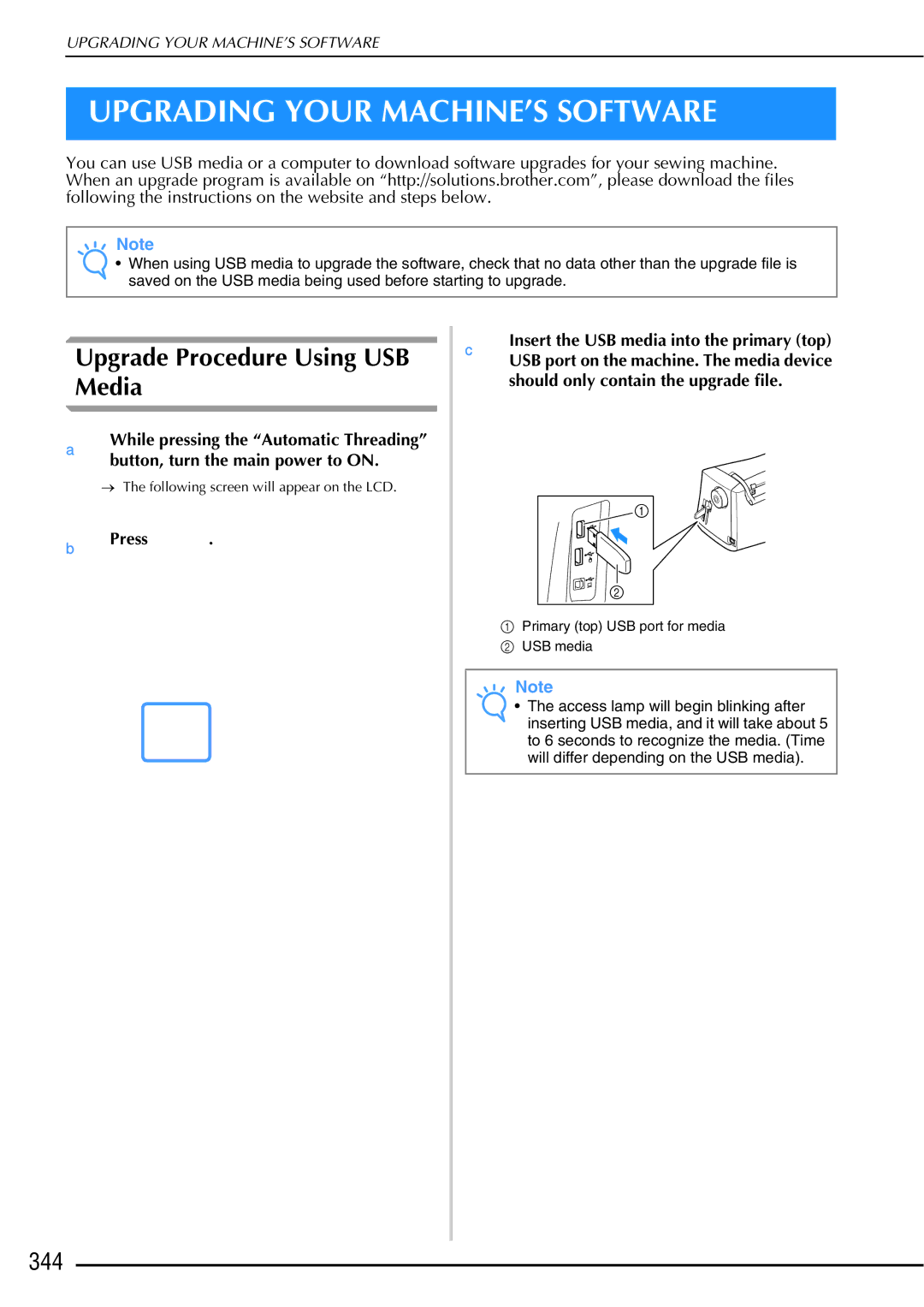 Brother 882-W01, 882-W02 operation manual Upgrading Your MACHINE’S Software, Upgrade Procedure Using USB Media, 344 