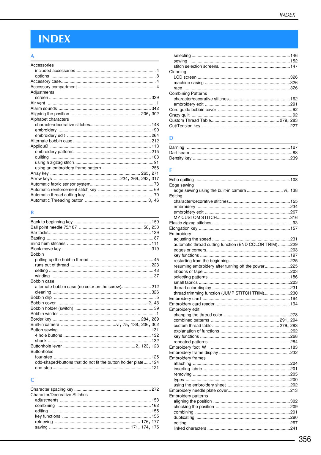 Brother 882-W01, 882-W02 operation manual Index, 356 