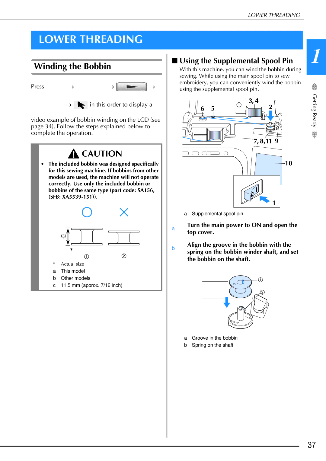 Brother 882-W02, 882-W01 operation manual Lower Threading, Winding the Bobbin, Using the Supplemental Spool Pin 