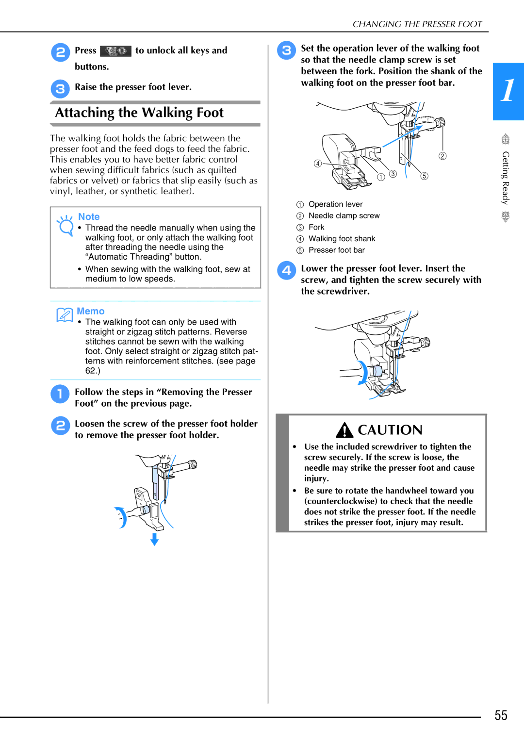 Brother 882-W02, 882-W01 operation manual Attaching the Walking Foot, Memo 