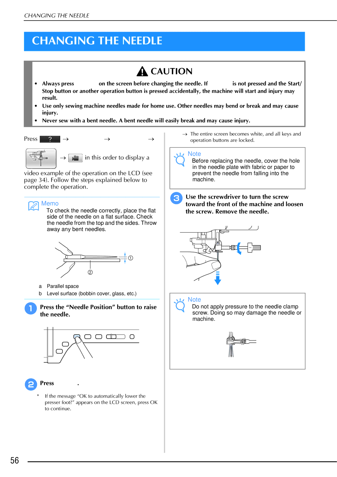 Brother 882-W01, 882-W02 operation manual Changing the Needle 