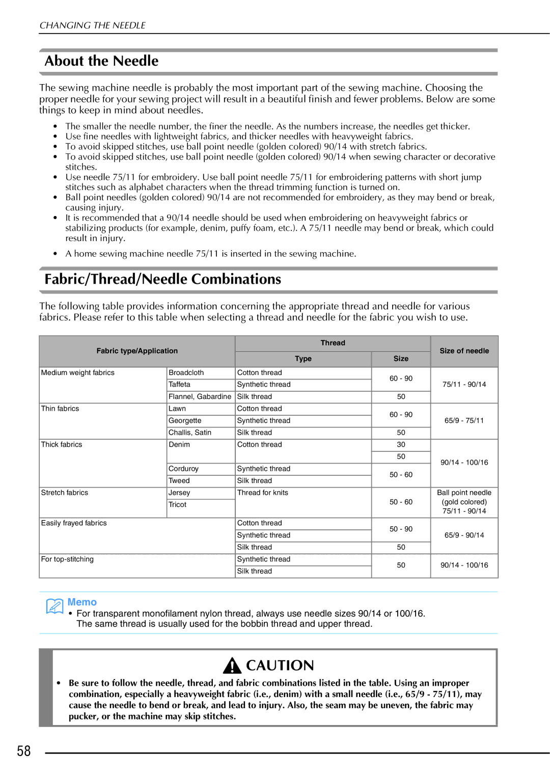 Brother 882-W01, 882-W02 operation manual About the Needle, Fabric/Thread/Needle Combinations 