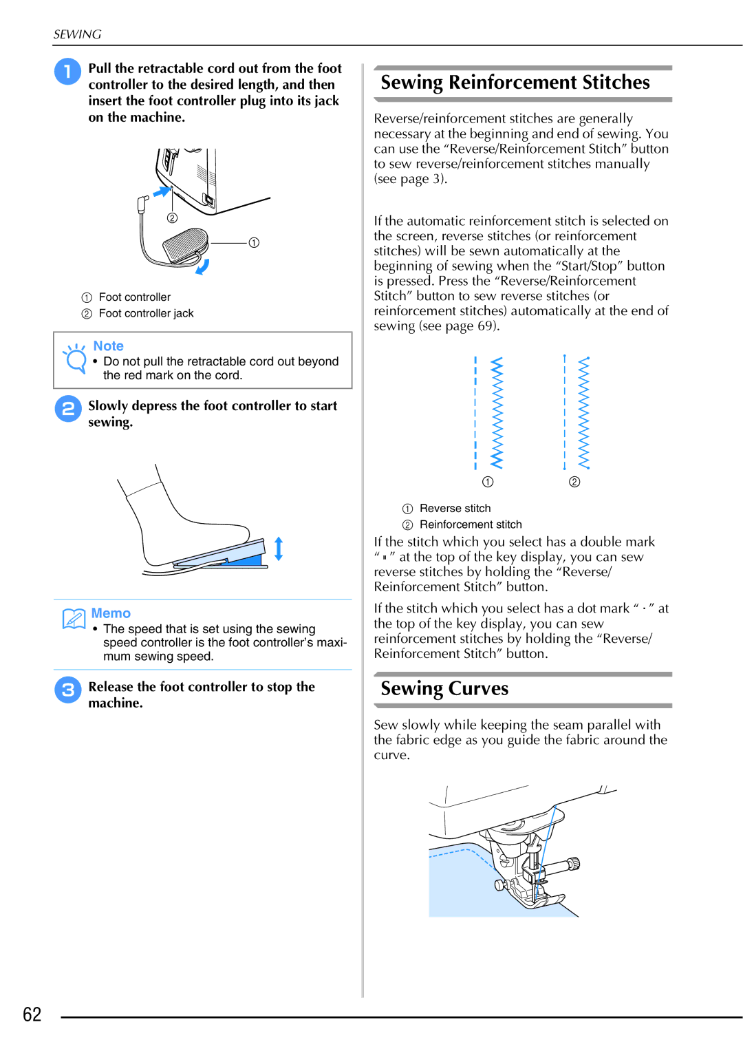 Brother 882-W01, 882-W02 operation manual Sewing Reinforcement Stitches, Sewing Curves 