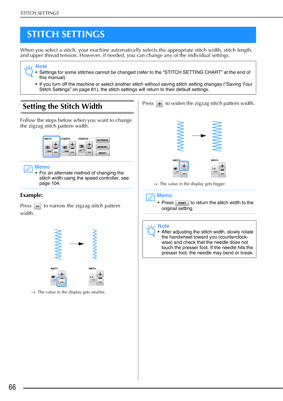 Brother 882-W01, 882-W02 operation manual Stitch Settings, Setting the Stitch Width 