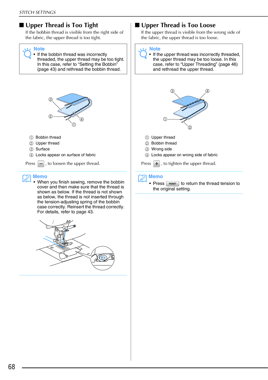 Brother 882-W01, 882-W02 operation manual Upper Thread is Too Tight, Upper Thread is Too Loose 