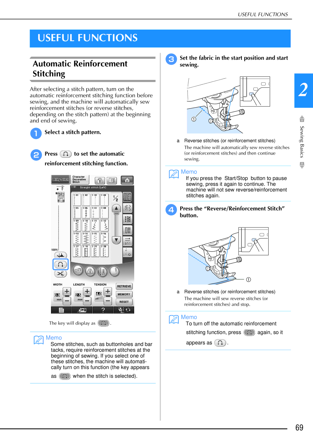 Brother 882-W02, 882-W01 operation manual Useful Functions, Automatic Reinforcement Stitching, Select a stitch pattern 