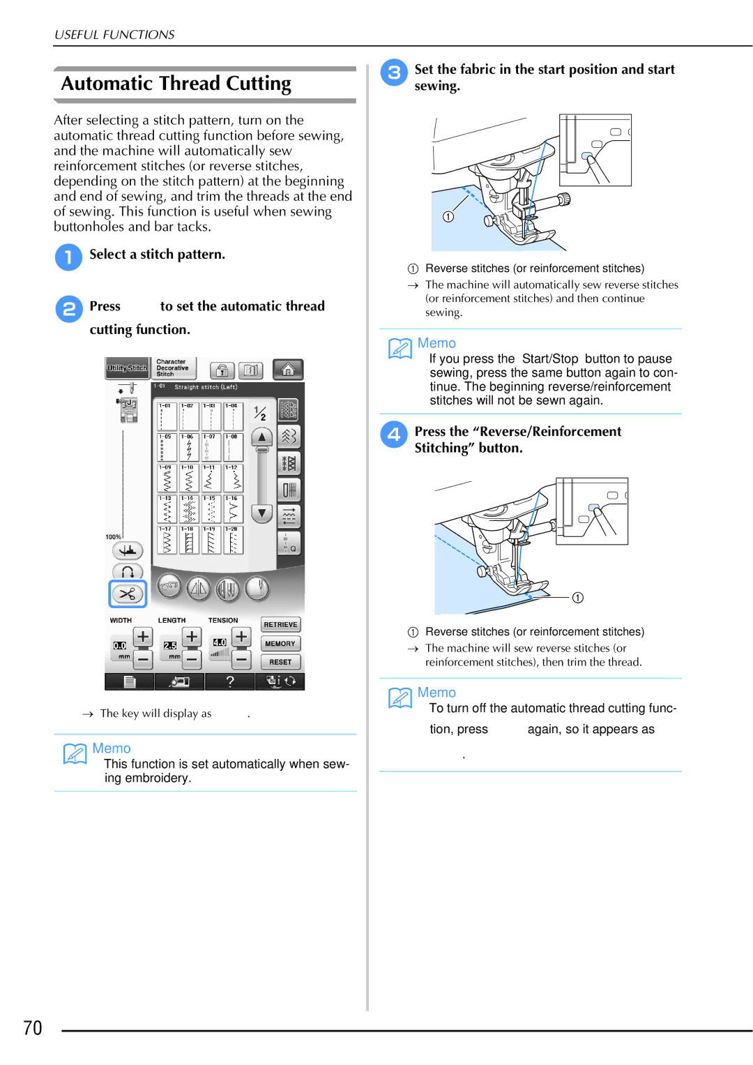 Brother 882-W01, 882-W02 operation manual Automatic Thread Cutting, Setsewing.the fabric in the start position and start 