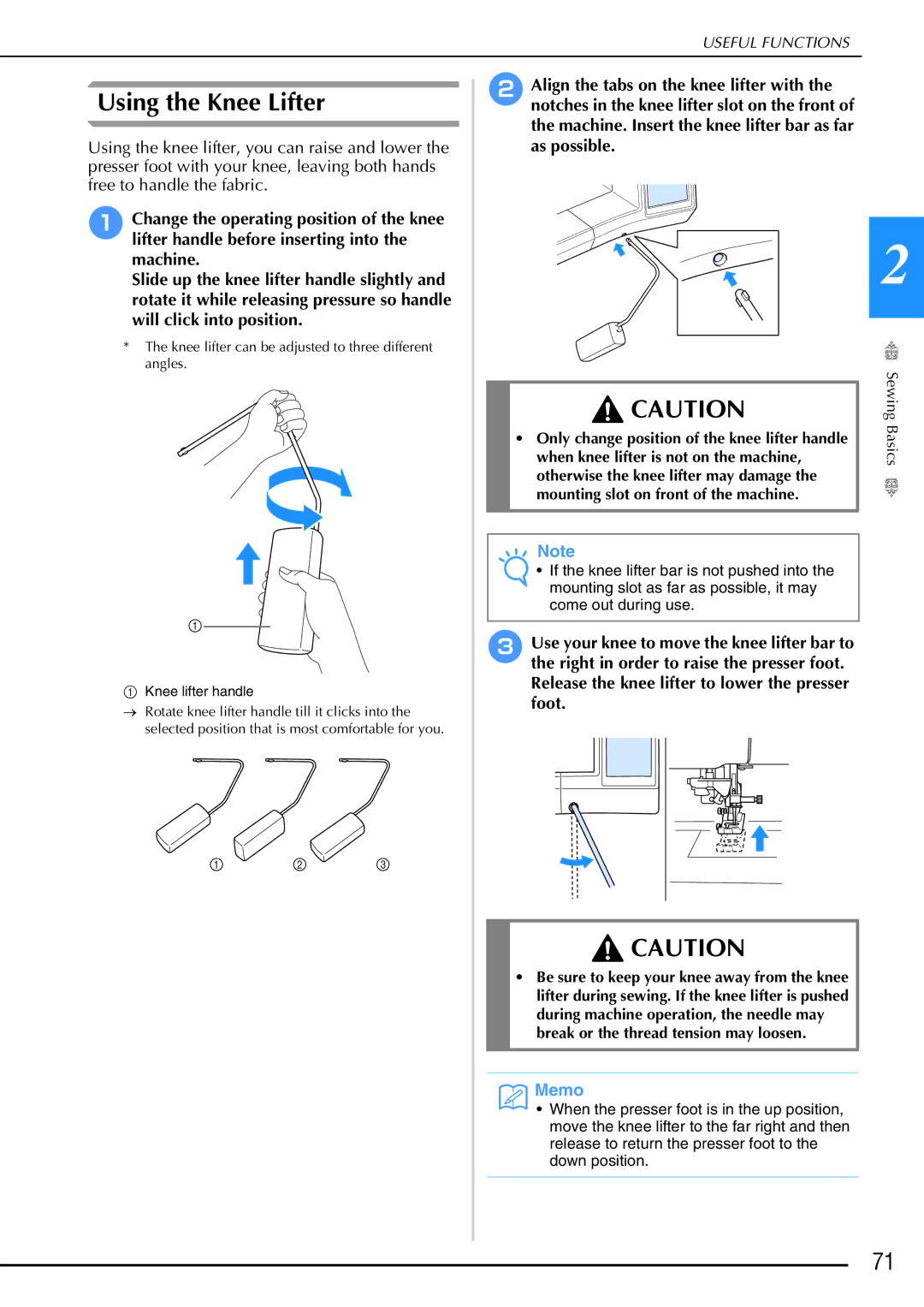 Brother 882-W02, 882-W01 operation manual Using the Knee Lifter 