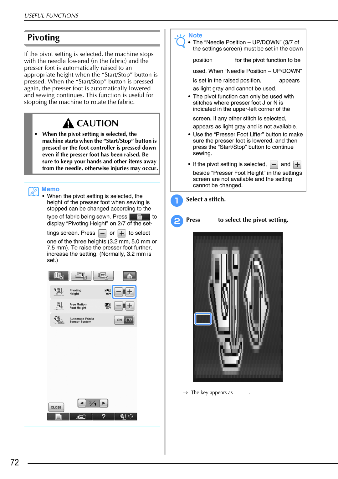 Brother 882-W01, 882-W02 operation manual Pivoting, Select a stitch BPress to select the pivot setting 