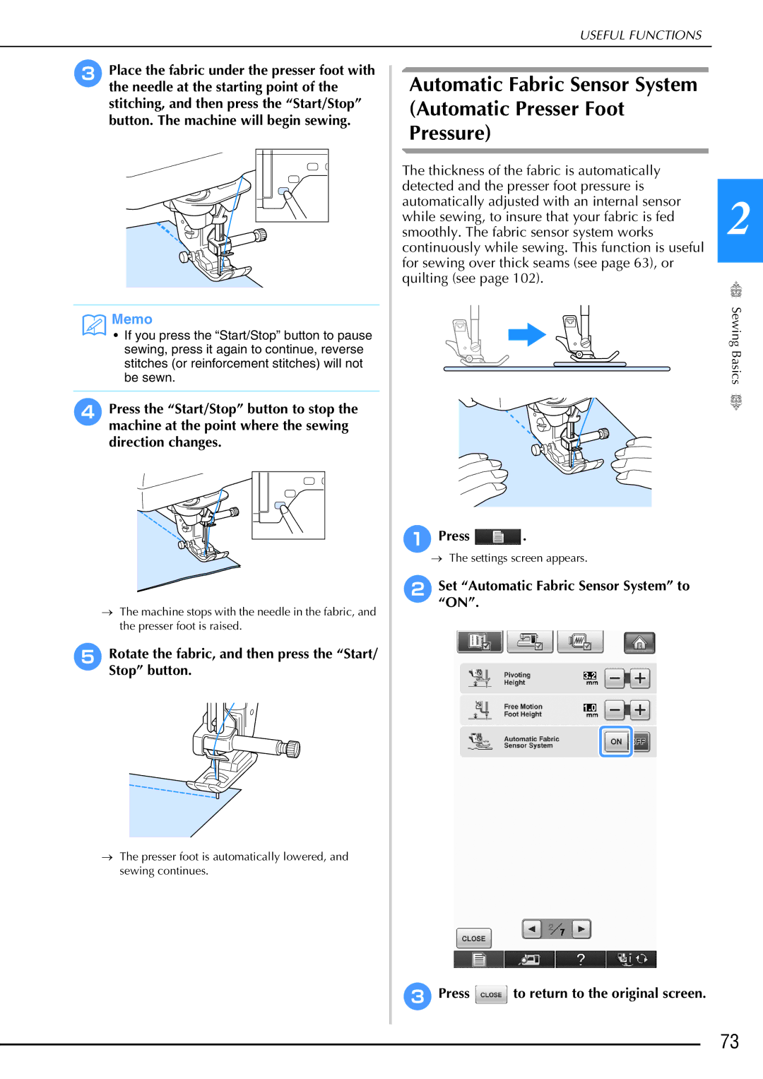 Brother 882-W02, 882-W01 Rotate the fabric, and then press the Start/ Stop button, CPress to return to the original screen 