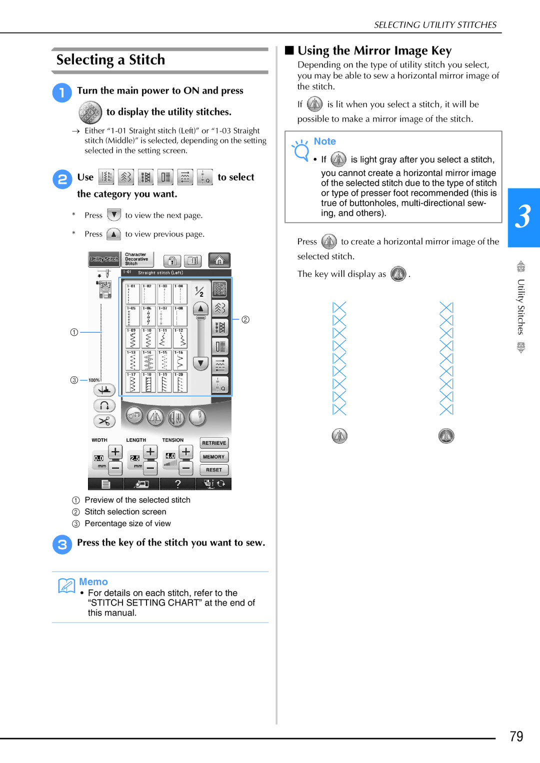 Brother 882-W02, 882-W01 Selecting a Stitch, Using the Mirror Image Key, BUse to select the category you want 