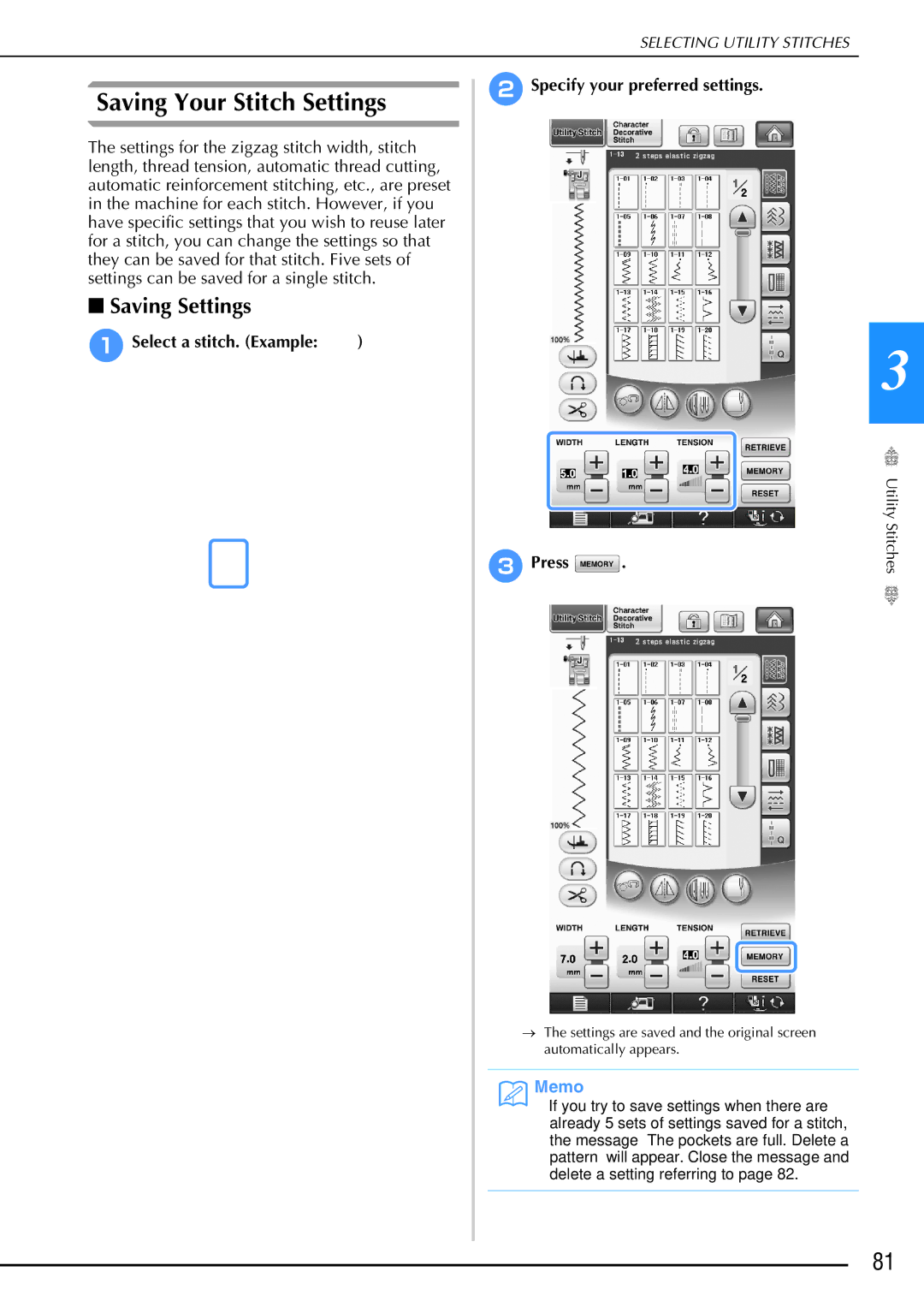 Brother 882-W02, 882-W01 operation manual Saving Your Stitch Settings, Saving Settings 