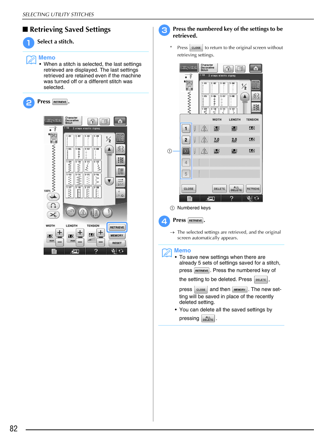 Brother 882-W01, 882-W02 operation manual Retrieving Saved Settings, Select a stitch 