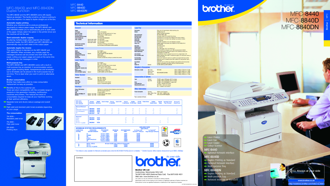 Brother 8840DN, 8440 dimensions Automatic duplex printing, Semi-automatic duplex copying, Automatic duplex fax receive 