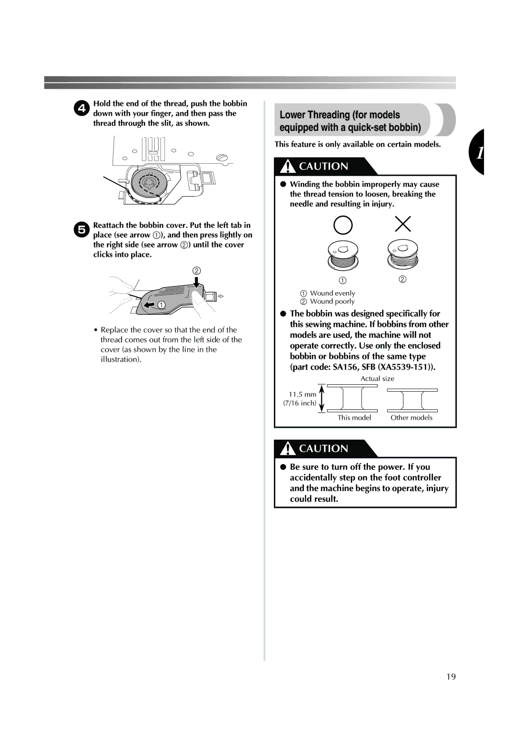 Brother 885-S25/S27 operation manual Lower Threading for models equipped with a quick-set bobbin 