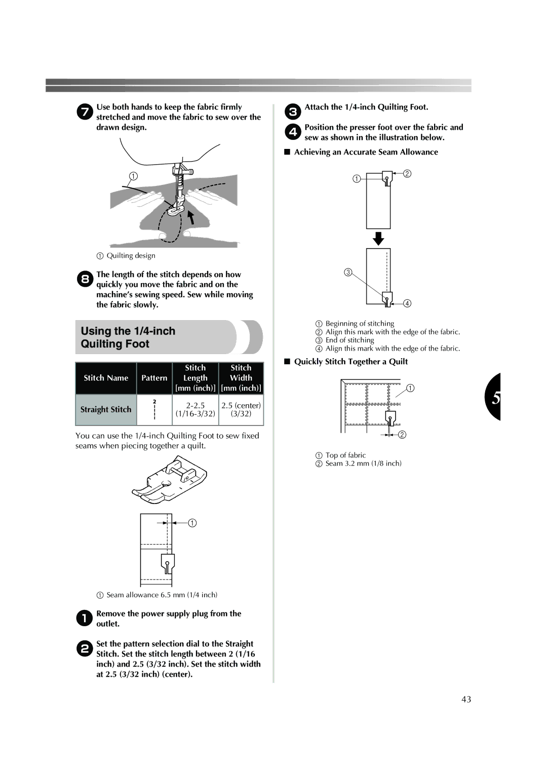 Brother 885-S25/S27 operation manual Using the 1/4-inch Quilting Foot, 16-3/32, Quickly Stitch Together a Quilt 