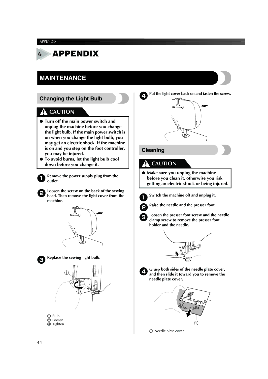 Brother 885-S25/S27 Maintenance, Changing the Light Bulb, Cleaning, Put the light cover back on and fasten the screw 