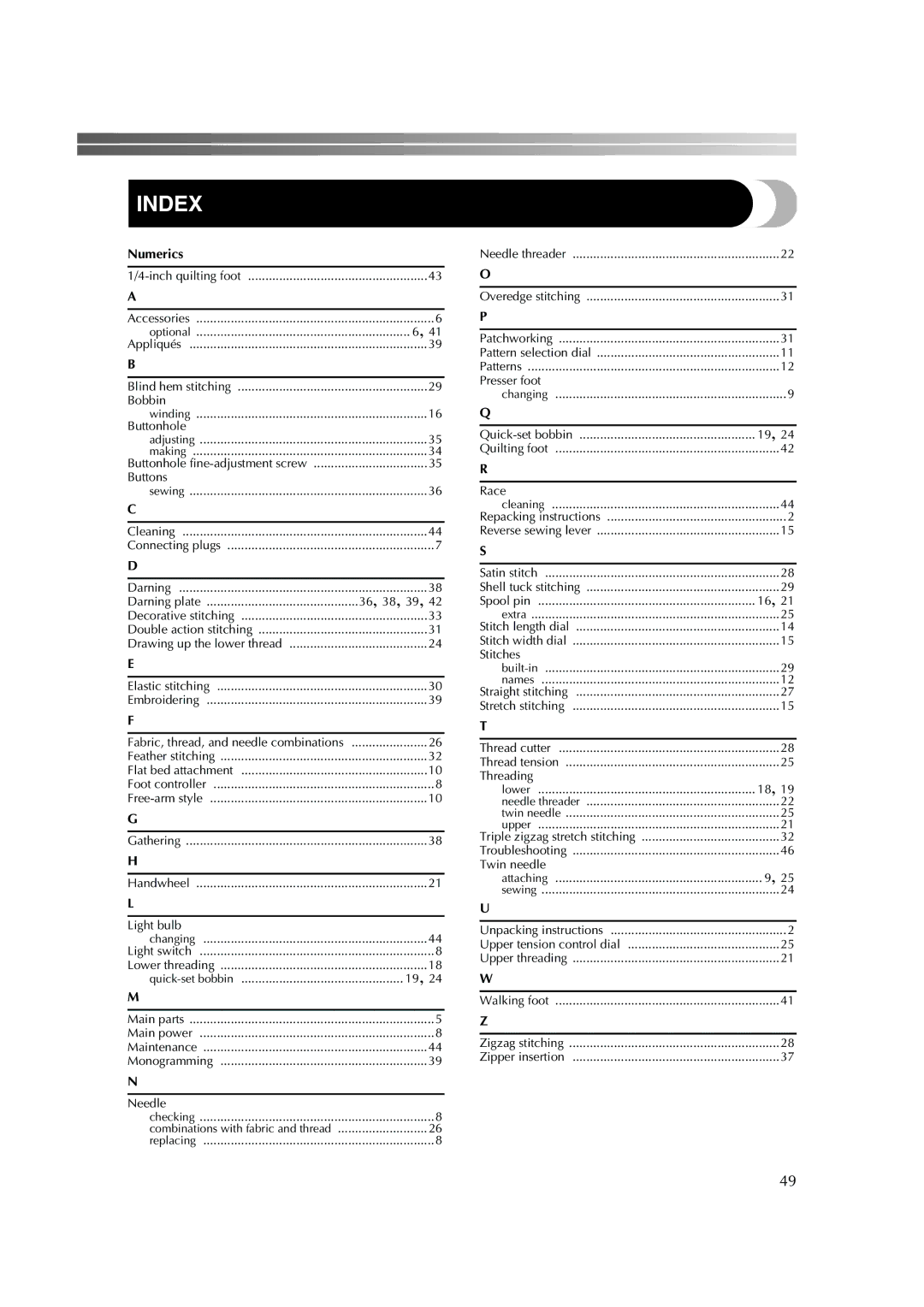 Brother 885-S25/S27 operation manual Index, Numerics 